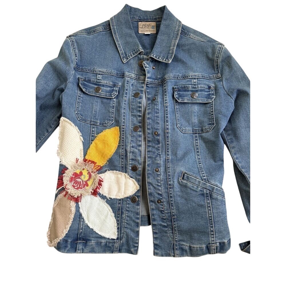 Medium Wash Blue Denim Linen Blend Jacket‎ Size M Patchwork Floral Bohemian Chic